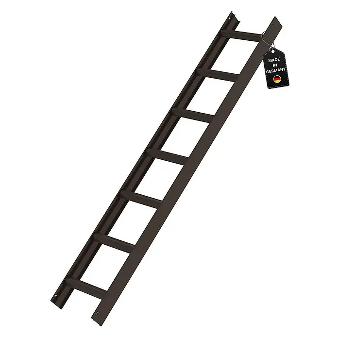 Proregal Dachleiter mit 7 Sprossen - Anzahl Tritte: 7 Stk., Belastbarkeit: 150 kg, Aluminium - Dunkelbraune Metallleiter mit mehreren Sprossen, oben rechts mit „Made in Germany“-Etikett.