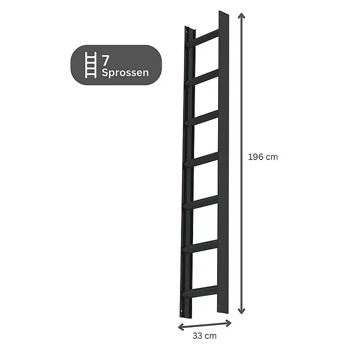 Proregal Dachleiter mit 7 Sprossen - Anzahl Tritte: 7 Stk., Belastbarkeit: 150 kg, Aluminium - Schwarze Leiter mit 7 Sprossen, 196 cm hoch und 33 cm breit.