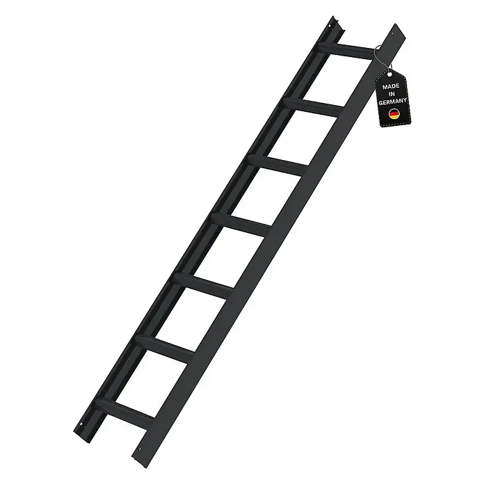 Proregal Dachleiter mit 7 Sprossen - Anzahl Tritte: 7 Stk., Belastbarkeit: 150 kg, Aluminium - Schwarze Metallleiter mit „Made in Germany“-Etikett.