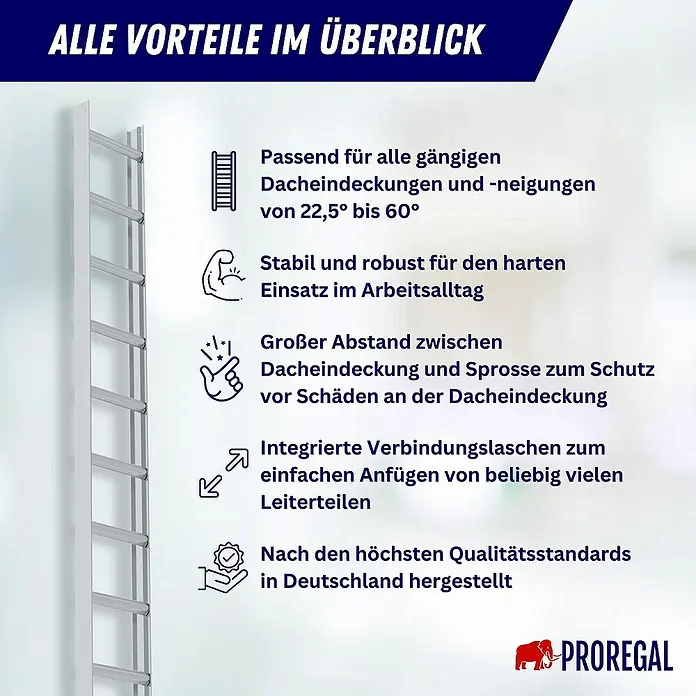 Proregal Dachleiter mit 7 Sprossen - Anzahl Tritte: 7 Stk., Belastbarkeit: 150 kg, Aluminium - Weißes modulares Dachleiterteil für verschiedene Dachneigungen, erweiterbar.