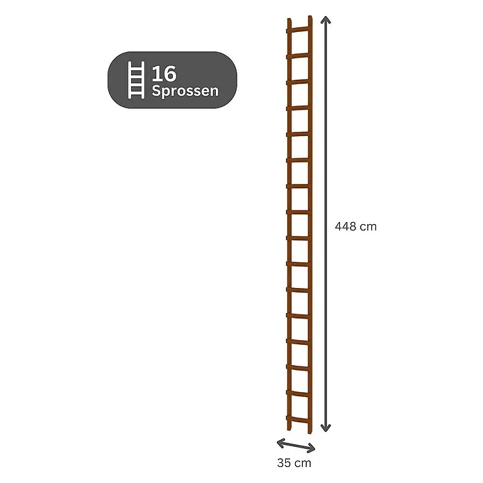 Proregal Dachleiter mit 16 Sprossen - Anzahl Tritte: 16 Stk., Holz - Braune Holzleiter mit 16 Sprossen, 448 cm hoch und 35 cm breit.