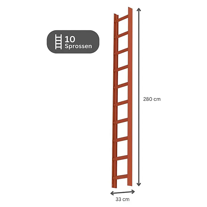 Proregal Dachleiter mit 10 Sprossen - Anzahl Tritte: 10 Stk., Belastbarkeit: 150 kg, Aluminium - Rotbraune Leiter mit 10 Sprossen, 280 cm hoch und 33 cm breit.