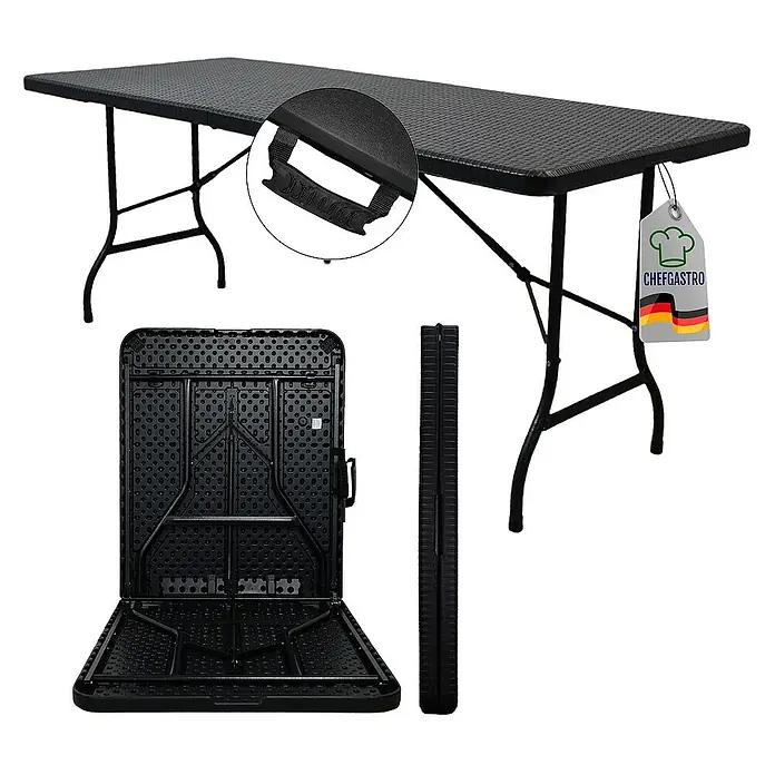 Chefgastro Gartentisch Buffettisch klappbar aus Kunststoff mit Tragegriff, für 8 Personen - L x B x H: 74 x 180 x 74 cm, Viereckig, Rattan Optik, Schwarz