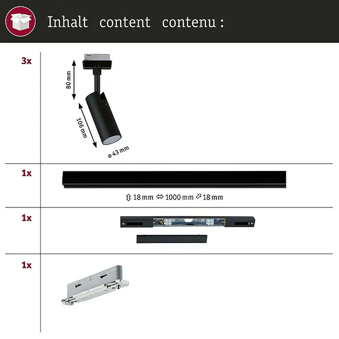 Paulmann URail LED-Schienensystem Set - Schwarz matt, 100 cm, Nicht Dimmbar, Anzahl Leuchtmittel: 3 Stk. - Inhaltsübersicht: 3x Strahler mit Maßen, 1x Schiene (1000mm), 1x Elektronik, 1x Befestigung für die Stromschiene.