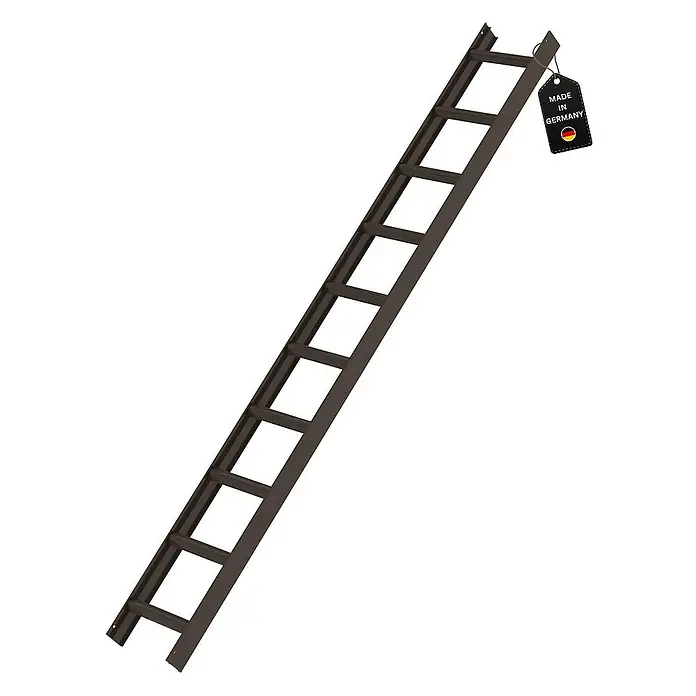 Proregal Dachleiter mit 10 Sprossen - Anzahl Tritte: 10 Stk., Belastbarkeit: 150 kg, Aluminium - Dunkelbraune Leiter mit rechteckigen Sprossen und einem "Made in Germany"-Etikett oben rechts.