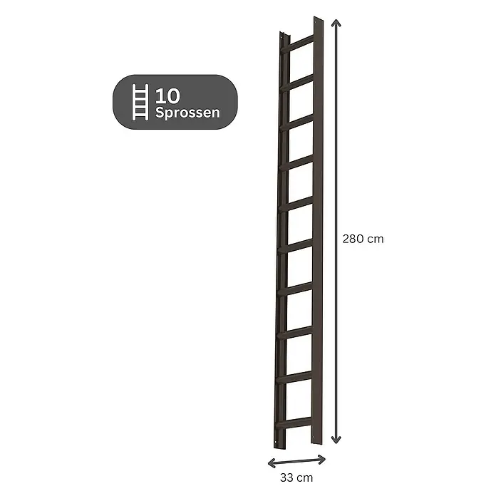 Proregal Dachleiter mit 10 Sprossen - Anzahl Tritte: 10 Stk., Belastbarkeit: 150 kg, Aluminium - Dunkelbraune Leiter mit 10 Sprossen, 280 cm hoch und 33 cm breit.