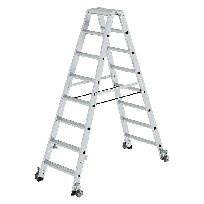 Proregal Doppel-Stehleiter beidseitig begehbar - Anzahl Tritte: 16 Stk., Arbeitshöhe: 3.400 mm, Belastbarkeit: 150 kg, Aluminium - Silberne Aluminium-Mehrzweckleiter mit ausziehbaren Abschnitten und Rollen.