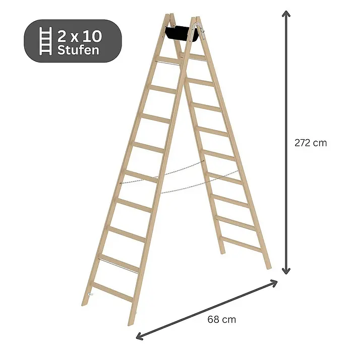 Proregal Doppel-Stehleiter mit 20 Sprossen - Anzahl Tritte: 20 Stk., Arbeitshöhe: 4.200 mm, Belastbarkeit: 150 kg, Holz - Hellbraune Holz-Stehleiter mit 2x10 Stufen, 272 cm hoch und 68 cm breit.