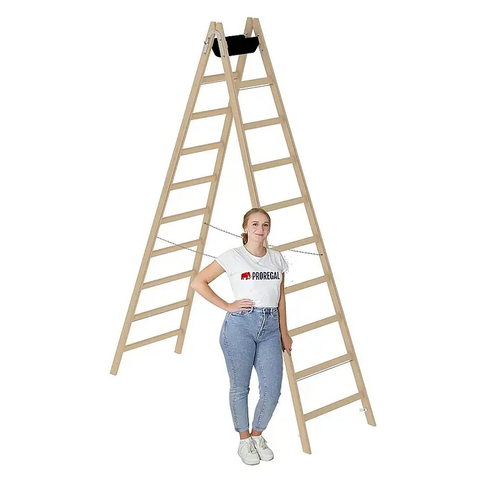 Proregal Doppel-Stehleiter mit 20 Sprossen - Anzahl Tritte: 20 Stk., Arbeitshöhe: 4.200 mm, Belastbarkeit: 150 kg, Holz - Doppelseitige Holz-Stehleiter, dargestellt mit einer Person zur Größenveranschaulichung.