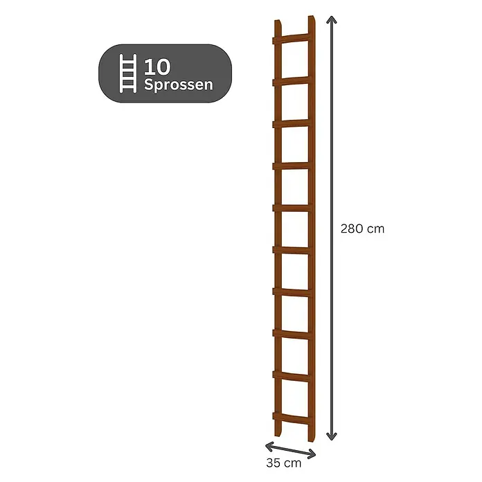 Proregal Dachleiter mit 10 Sprossen - Anzahl Tritte: 10 Stk., Holz - Braune Holzrankhilfe mit 10 Sprossen, 280 cm hoch und 35 cm breit.