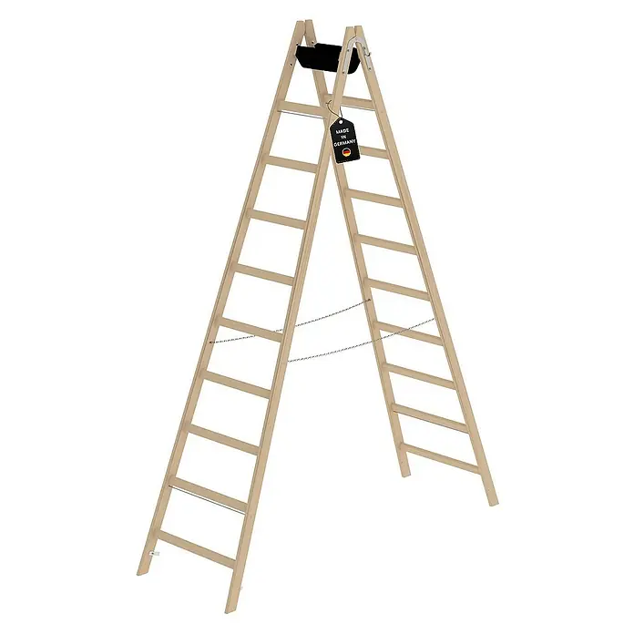 Proregal Doppel-Stehleiter mit 20 Sprossen - Anzahl Tritte: 20 Stk., Arbeitshöhe: 4.200 mm, Belastbarkeit: 150 kg, Holz - Hölzerne Bockleiter mit Sicherungsketten und einem „Made in Germany“-Etikett.