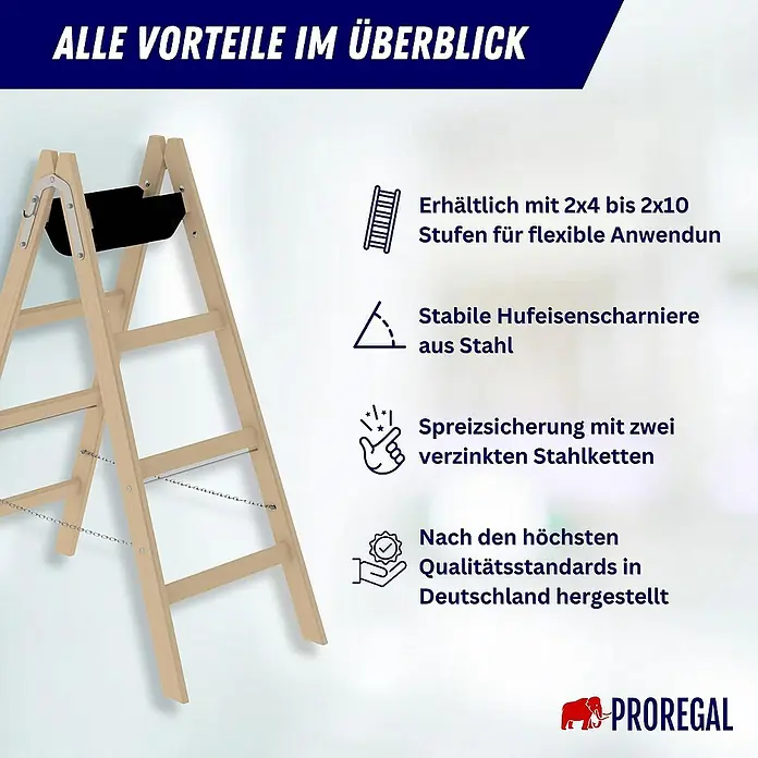 Proregal Doppel-Stehleiter mit 20 Sprossen - Anzahl Tritte: 20 Stk., Arbeitshöhe: 4.200 mm, Belastbarkeit: 150 kg, Holz - Helle Holz-Klappleiter mit schwarzer Ablage, Metallscharnieren und Sicherheitsketten.