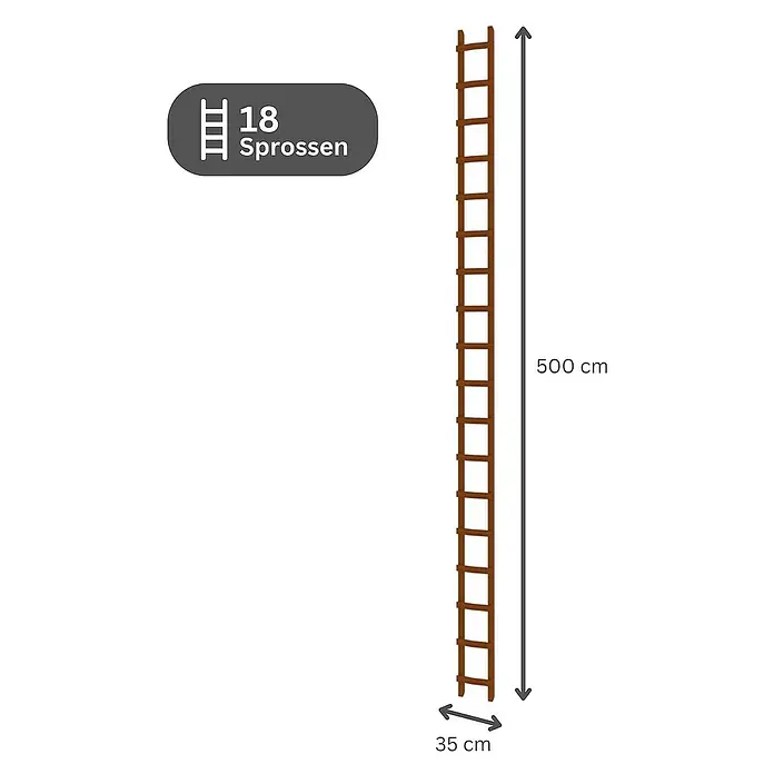 Proregal Dachleiter mit 18 Sprossen - Anzahl Tritte: 18 Stk., Holz - Braune Holzleiter mit 18 Sprossen, 500 cm lang und 35 cm breit.