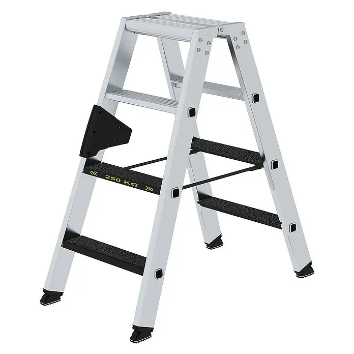 Proregal Doppel-Stehleiter mit 8 Stufen - Anzahl Tritte: 8 Stk., Arbeitshöhe: 2.450 mm, Belastbarkeit: 250 kg, Aluminium - Robuste silberne Aluminium-Klappleiter mit drei rutschfesten schwarzen Stufen und 250 kg Tragfähigkeit.