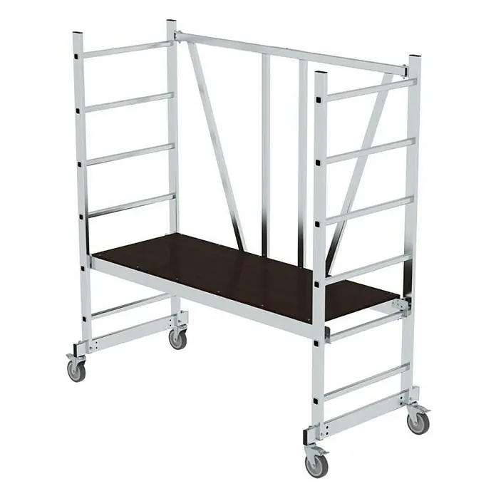 Proregal Klappgerüst türengängig -  - Mobiles Aluminium-Rollgerüst mit dunkelbrauner Plattform und vier Rollen.