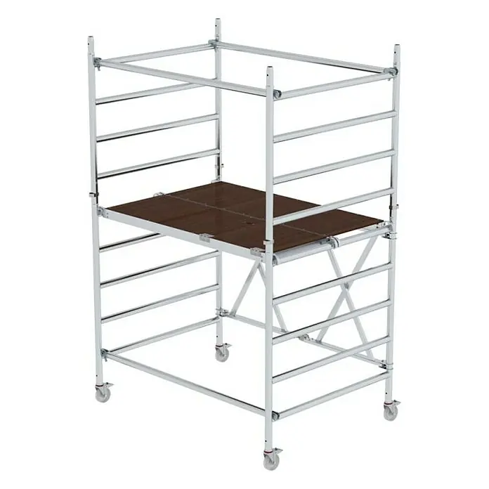 Proregal Klappgerüst mit Ausbaueinheit -  - Fahrbares Aluminiumgerüst mit brauner Plattform und Rollen.