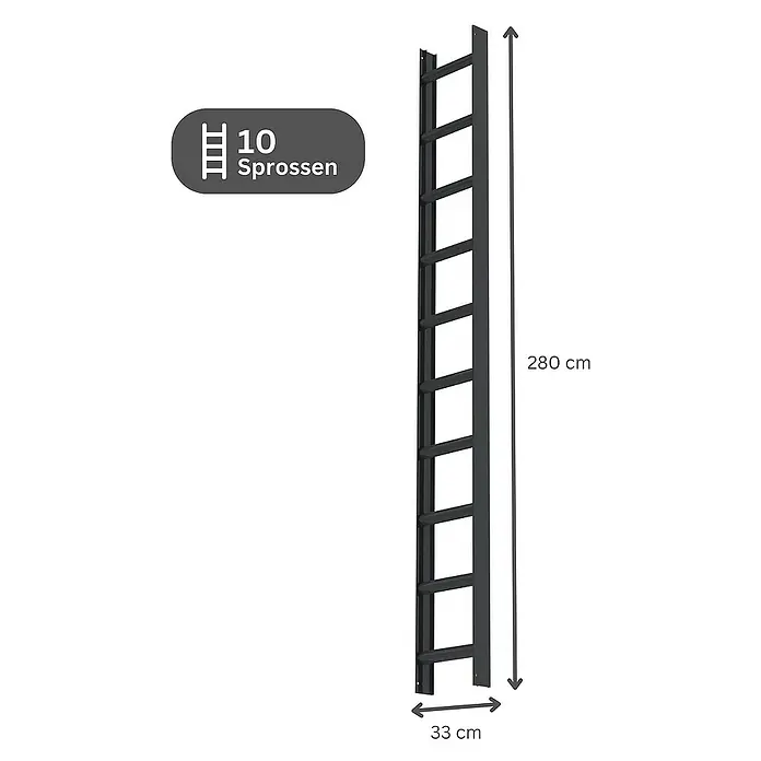 Proregal Dachleiter mit 10 Sprossen - Anzahl Tritte: 10 Stk., Belastbarkeit: 150 kg, Aluminium - Dunkelgraue Metallleiter mit 10 Sprossen, 280 cm hoch, 33 cm breit.