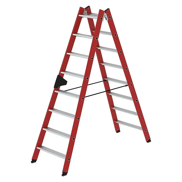Proregal Doppel-Stehleiter beidseitig begehbar - Anzahl Tritte: 16 Stk., Arbeitshöhe: 3.500 mm, Belastbarkeit: 150 kg, Aluminium - A-Rahmen-Stehleiter mit rotem Gestell und silbernen Stufen, ausgestattet mit schwarzen Stabilisierungsstangen.