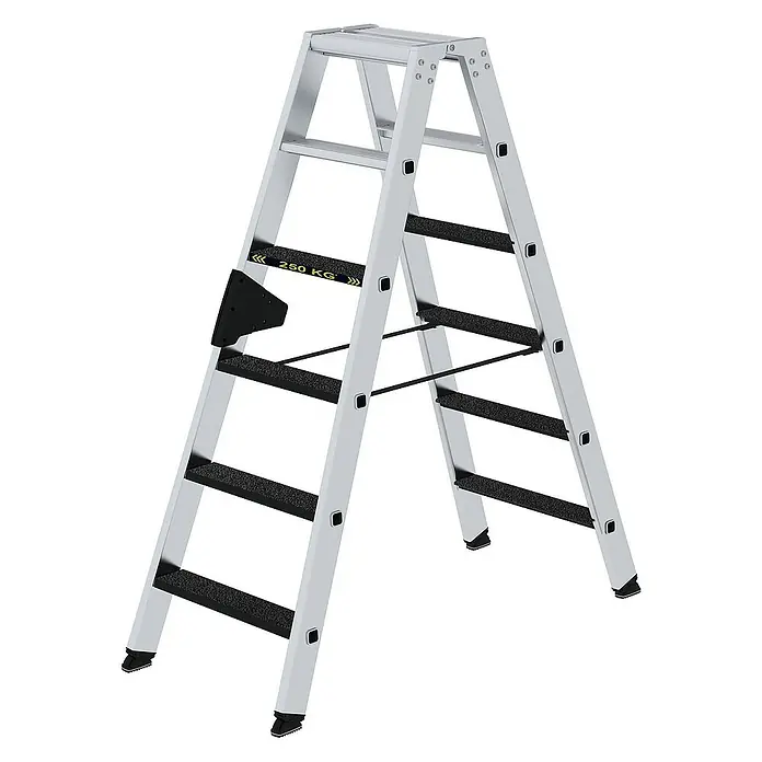 Proregal Doppel-Stehleiter mit 12 Stufen - Anzahl Tritte: 12 Stk., Arbeitshöhe: 2.950 mm, Belastbarkeit: 250 kg, Aluminium - Silberne Aluminium A-Stehleiter mit schwarzen Anti-Rutsch-Stufen und kleiner schwarzer Ablage, ausgelegt für 250 KG.