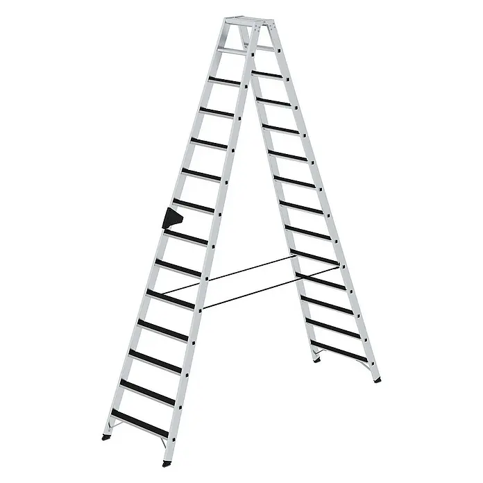 Proregal Doppel-Stehleiter beidseitig begehbar - Anzahl Tritte: 28 Stk., Arbeitshöhe: 4.800 mm, Belastbarkeit: 150 kg, Aluminium - Silberne Aluminium-Doppelleiter mit schwarzen Stufen.