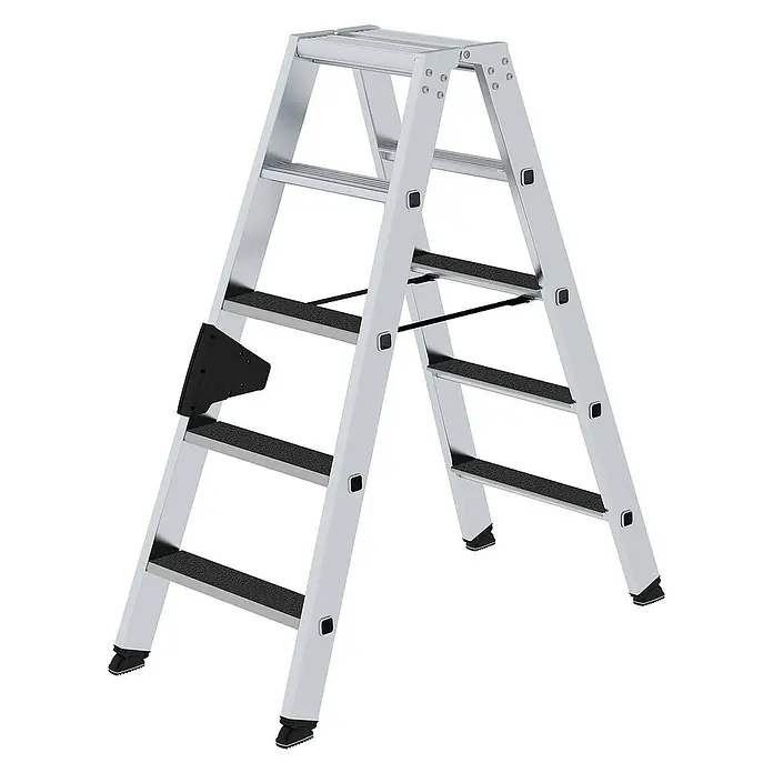 Proregal Doppel-Stehleiter beidseitig begehbar - Anzahl Tritte: 10 Stk., Arbeitshöhe: 2.650 mm, Belastbarkeit: 150 kg, Aluminium - Silberne Aluminium-Klappleiter mit schwarzen Anti-Rutsch-Stufen für sicheren Stand.