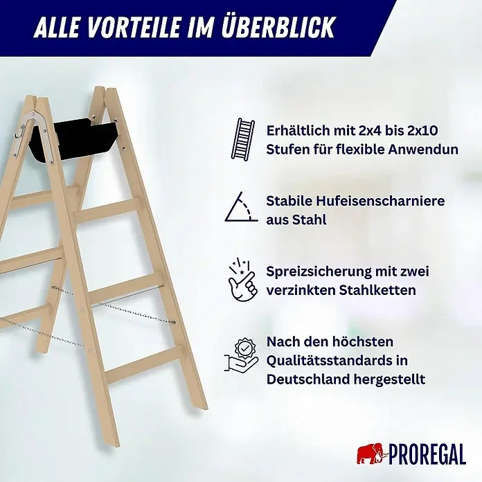 Proregal Doppel-Stehleiter mit 14 Sprossen - Anzahl Tritte: 14 Stk., Arbeitshöhe: 3.300 mm, Belastbarkeit: 150 kg, Holz - Stehleiter aus Naturholz mit schwarzer Ablageschale, Metallscharnieren und Sicherheitsketten.