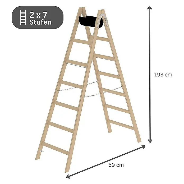 Proregal Doppel-Stehleiter mit 14 Sprossen - Anzahl Tritte: 14 Stk., Arbeitshöhe: 3.300 mm, Belastbarkeit: 150 kg, Holz - Hellbraune Holz-Klappleiter mit 2x7 Stufen, 193 cm hoch und 59 cm breit.
