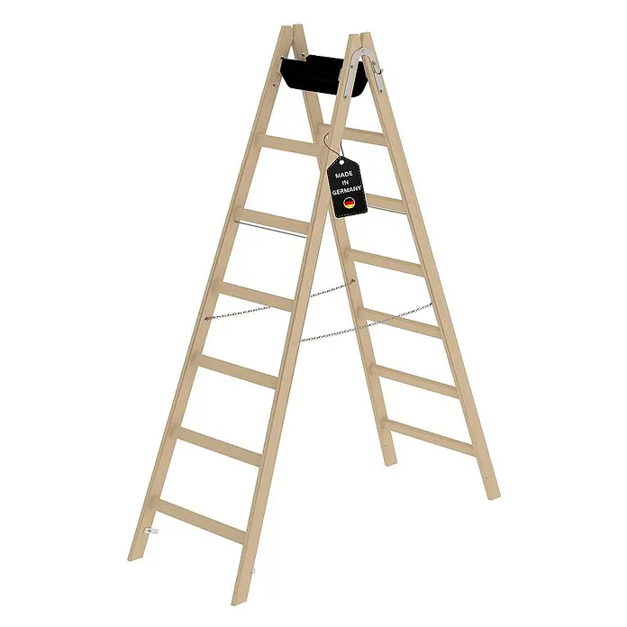 Proregal Doppel-Stehleiter mit 14 Sprossen - Anzahl Tritte: 14 Stk., Arbeitshöhe: 3.300 mm, Belastbarkeit: 150 kg, Holz - Helle Holz-Stehleiter mit schwarzer Ablage und Metallketten zur Stabilisierung. Mit 'Made in Germany'-Etikett.