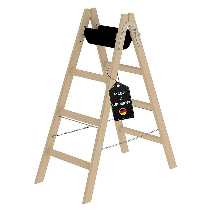Proregal Doppel-Stehleiter mit 8 Sprossen - Anzahl Tritte: 8 Stk., Arbeitshöhe: 2.500 mm, Belastbarkeit: 150 kg, Holz - Helle Holz-Klappleiter mit Metallketten zur Stabilisierung und schwarzer Ablagefläche, versehen mit einem „Made in Germany“-Etikett.