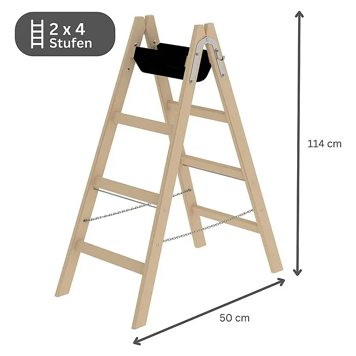 Proregal Doppel-Stehleiter mit 8 Sprossen - Anzahl Tritte: 8 Stk., Arbeitshöhe: 2.500 mm, Belastbarkeit: 150 kg, Holz - Holz-Klappleiter mit schwarzer Ablage, 2x4 Stufen, 114 cm hoch, 50 cm breit.