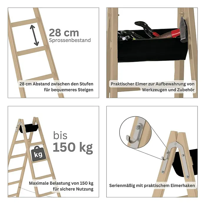 Proregal Doppel-Stehleiter mit 8 Sprossen - Anzahl Tritte: 8 Stk., Arbeitshöhe: 2.500 mm, Belastbarkeit: 150 kg, Holz - Holz-Stehleiter mit 28cm Sprossenabstand, 150kg Traglast und praktischem Werkzeugbehälter mit Haken.