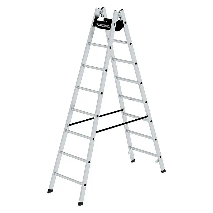 Proregal Doppel-Stehleiter 2x8-Sprossen - Anzahl Tritte: 16 Stk., Arbeitshöhe: 3.600 mm, Belastbarkeit: 150 kg, Aluminium - Silberne Aluminium-Doppelstehleiter mit schwarzen Anti-Rutsch-Füßen, Spreizsicherungen und mehreren Sprossen.