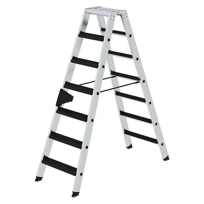 Proregal Doppel-Stehleiter beidseitig begehbar - Anzahl Tritte: 14 Stk., Arbeitshöhe: 3.150 mm, Belastbarkeit: 150 kg, Aluminium - Silberne Aluminium-Doppelstufenleiter mit schwarzen rutschfesten Trittstufen und Füßen für stabilen Zugang zu Höhen.