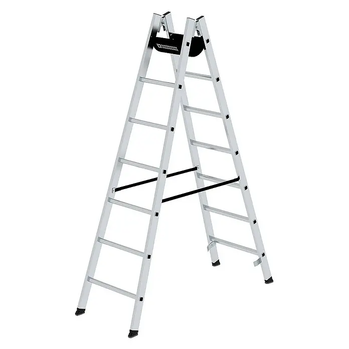 Proregal Doppel-Stehleiter 2x7-Sprossen - Anzahl Tritte: 14 Stk., Arbeitshöhe: 3.200 mm, Belastbarkeit: 150 kg, Aluminium - Silberne Aluminium GÜNZBURGER STEIGTECHNIK Stehleiter mit schwarzen Anti-Rutsch-Füßen und Stabilisierungsstreben.