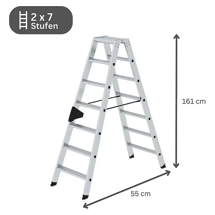 Proregal Doppel-Stehleiter beidseitig begehbar - Anzahl Tritte: 14 Stk., Arbeitshöhe: 3.150 mm, Belastbarkeit: 150 kg, Aluminium - Silberfarbene Aluminium-Klappleiter mit 2x7 Stufen, 161 cm hoch und 55 cm breit.