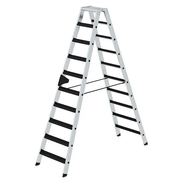 Proregal Doppel-Stehleiter beidseitig begehbar - Anzahl Tritte: 20 Stk., Arbeitshöhe: 3.850 mm, Belastbarkeit: 150 kg, Aluminium - Silberne Aluminium-Klappleiter mit schwarzen Stufen und Spreizsicherungen.
