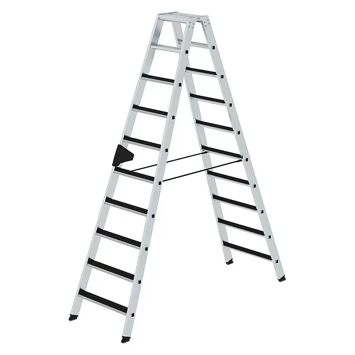 Proregal Doppel-Stehleiter beidseitig begehbar - Anzahl Tritte: 20 Stk., Arbeitshöhe: 3.850 mm, Belastbarkeit: 150 kg, Aluminium - Silberne Aluminium-Klappleiter mit schwarzen, rutschfesten Stufen und Stabilisatoren.