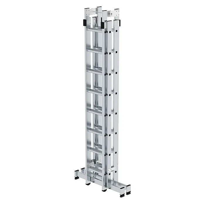 Proregal Doppel-Stehleiter 4-teilig - Anzahl Tritte: 32 Stk., Arbeitshöhe: 5.100 mm, Belastbarkeit: 150 kg, Aluminium - Silberne Aluminium-Mehrzweckleiter mit schwarzen Schutzkappen, bereit zur Verlängerung.