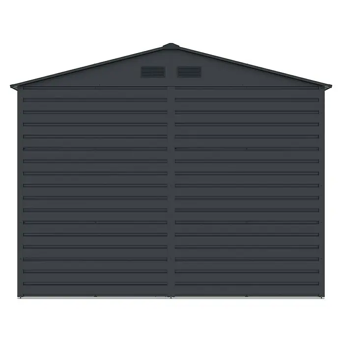 Gardol Gerätehaus Easy One Max - Außenmaß inkl. Dachüberstand (B x T): 277 x 259 cm, Stahl, Anthrazit - Ansicht eines grauen Metallgerätehauses mit Giebeldach, ideal für die Gartenaufbewahrung. Solide Bauweise für dauerhaften Schutz.
