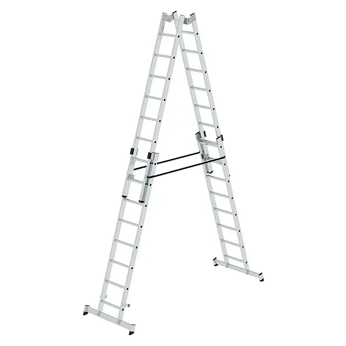 Proregal Doppel-Stehleiter 4-teilig - Anzahl Tritte: 32 Stk., Arbeitshöhe: 5.100 mm, Belastbarkeit: 150 kg, Aluminium - Silberne Aluminium-Gelenkleiter, als A-förmige Stehleiter mit schwarzen Stabilisierungsstangen aufgebaut.