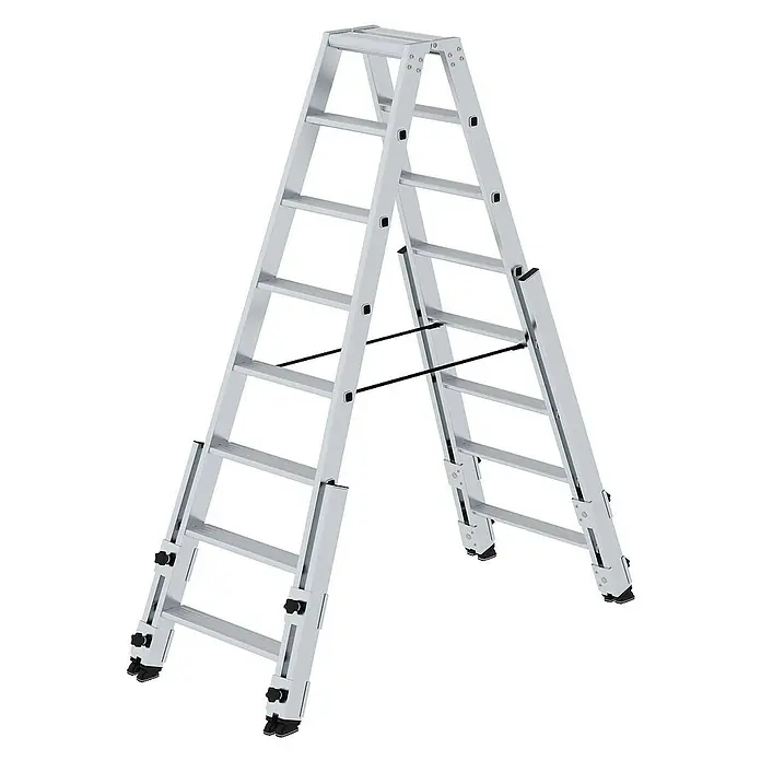 Proregal Doppel-Stehleiter treppengängig - Anzahl Tritte: 16 Stk., Arbeitshöhe: 3.700 mm, Belastbarkeit: 150 kg, Aluminium - Silberfarbene Aluminium-Mehrzweck-Gelenkleiter, in A-Form aufgestellt.