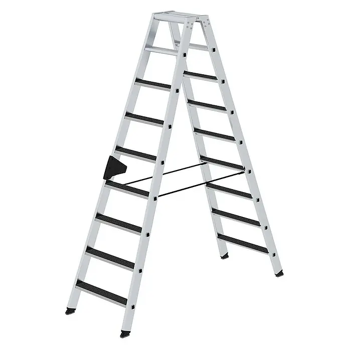 Proregal Doppel-Stehleiter beidseitig begehbar - Anzahl Tritte: 18 Stk., Arbeitshöhe: 3.600 mm, Belastbarkeit: 150 kg, Aluminium - Silberne Aluminium-Doppelleiter mit schwarzen Anti-Rutsch-Stufen.