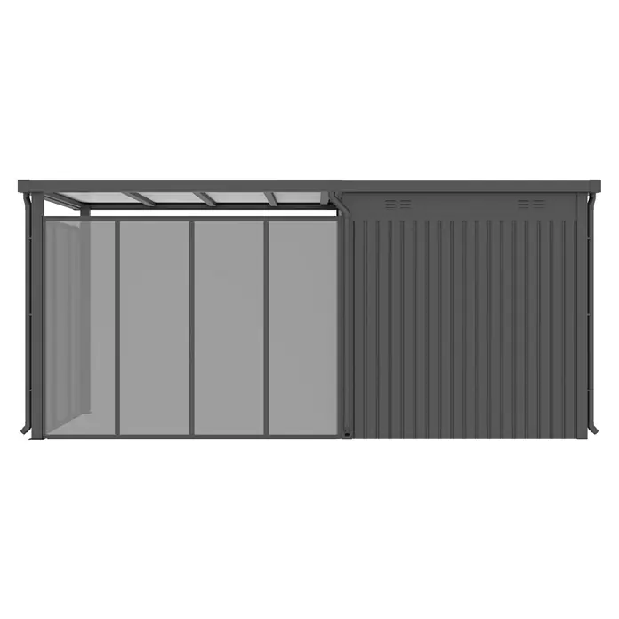 Gardol Rück- & Seitenwand Milchglas-Optik Cubus - Höhe: 190 cm, Passend für: Gardol Gerätehaus-Anbau Cubus & Cubus Max - Eine graue Outdoor-Überdachung mit transparenten Paneelen und einem soliden, gerippten Seitenteil für den Garten. Sie bietet Schutz vor Sonne und Wetter.
