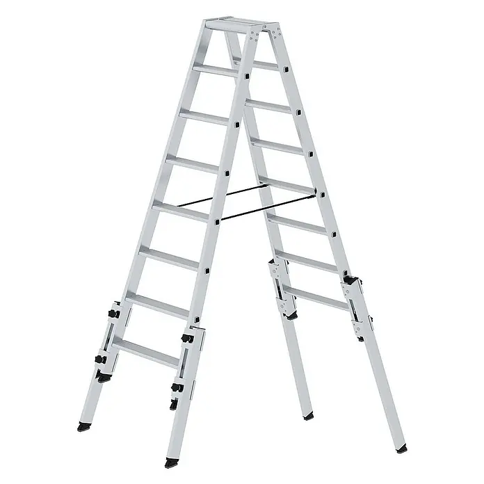 Proregal Doppel-Stehleiter treppengängig - Anzahl Tritte: 16 Stk., Arbeitshöhe: 3.700 mm, Belastbarkeit: 150 kg, Aluminium - Verstellbare silberne Aluminium-Mehrzweckleiter, als Stehleiter in A-Form konfiguriert.