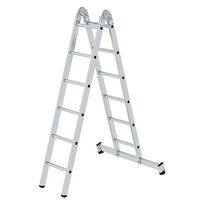 Proregal Doppel-Stehleiter 2-teilig - Anzahl Tritte: 12 Stk., Arbeitshöhe: 4.700 mm, Belastbarkeit: 150 kg, Aluminium - Silberne Aluminium-Mehrzweck-Klappleiter als Stehleiter aufgestellt, mit schwarzen Anti-Rutsch-Füßen.