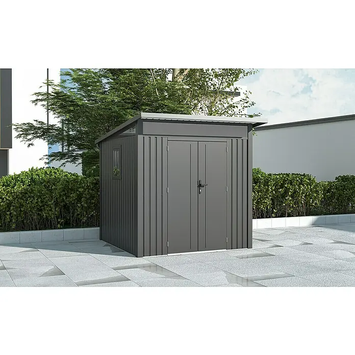 Gardol Gerätehaus Style Midi - Außenmaß inkl. Dachüberstand (B x T): 225 x 253 cm, Stahl, Schwarz - Eine graue Metall-Gartenhütte mit Doppeltür und kleinem Fenster, ideal für die Aufbewahrung von Gartengeräten und Werkzeugen im Freien.