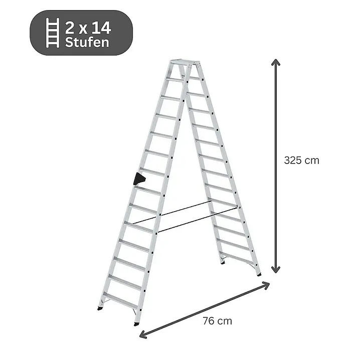 Proregal Doppel-Stehleiter beidseitig begehbar - Anzahl Tritte: 28 Stk., Arbeitshöhe: 4.800 mm, Belastbarkeit: 150 kg, Aluminium - Silberne Aluminium-Stehleiter mit 2x14 Stufen. Höhe 325 cm, Breite 76 cm.