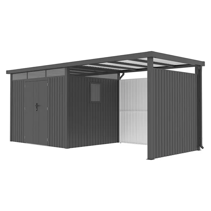 Gardol Rück- & Seitenwand Cubus - Höhe: 190 cm, Passend für: Gardol Gerätehaus-Anbau Cubus & Cubus Max - Das Bild zeigt ein modernes Gartenhaus mit integriertem Unterstand, ideal für die Aufbewahrung von Gartengeräten und Fahrrädern.