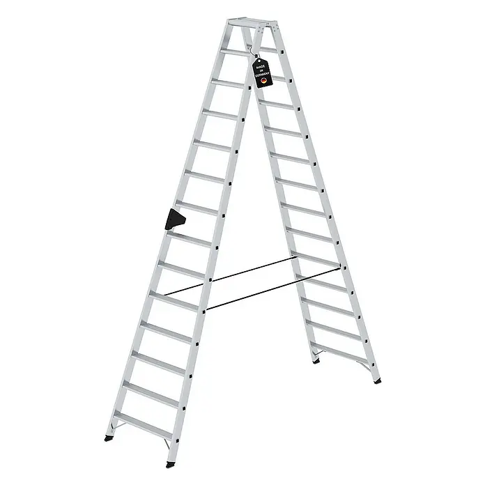 Proregal Doppel-Stehleiter beidseitig begehbar - Anzahl Tritte: 28 Stk., Arbeitshöhe: 4.800 mm, Belastbarkeit: 150 kg, Aluminium - Silberfarbene Aluminium-Doppelleiter mit schwarzen Anti-Rutsch-Füßen und „Made in Germany“-Etikett.