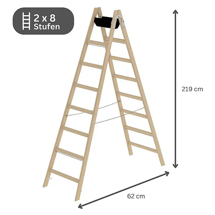 Proregal Doppel-Stehleiter mit 16 Sprossen - Anzahl Tritte: 16 Stk., Arbeitshöhe: 3.600 mm, Belastbarkeit: 150 kg, Holz - Hölzerne A-Leiter mit 2x8 Stufen, 219 cm hoch und 62 cm breit.